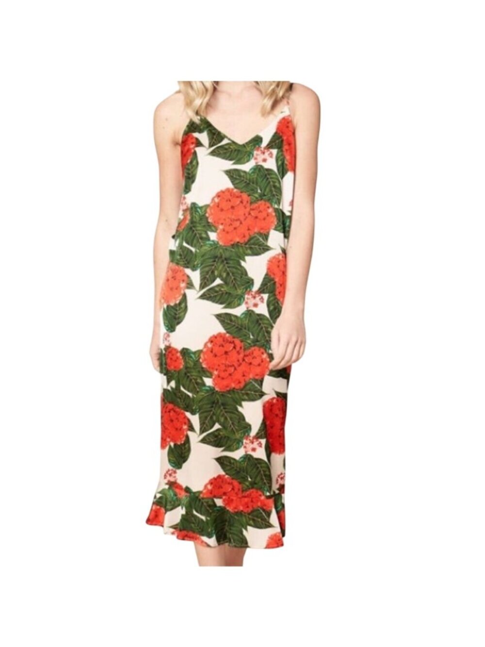 Sugar + Lips Midi Dress XS Floral Print Sleeveless V Neck Red Green Boho Resort
